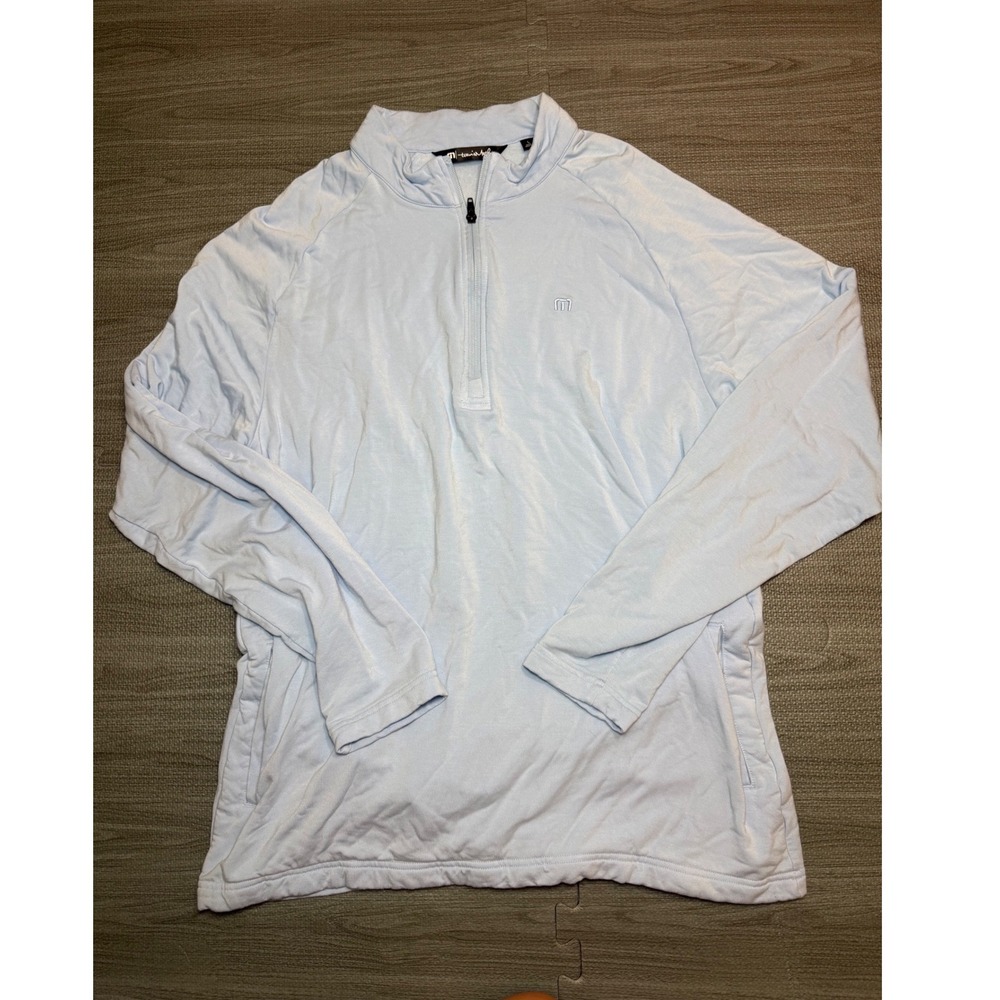 TravisMathew Mens Light Blue Quarter Zip Pullover Fleece Lined Size L Pocketed
